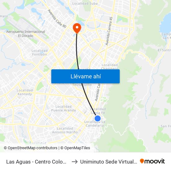 Las Aguas - Centro Colombo Americano to Uniminuto Sede Virtual Y A Distancia map