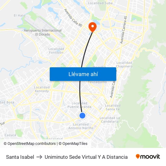 Santa Isabel to Uniminuto Sede Virtual Y A Distancia map