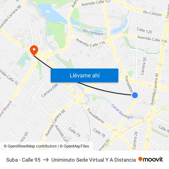 Suba - Calle 95 to Uniminuto Sede Virtual Y A Distancia map