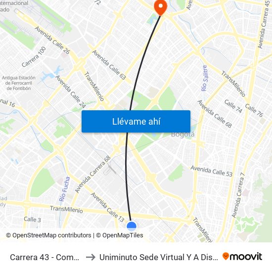 Carrera 43 - Comapan to Uniminuto Sede Virtual Y A Distancia map