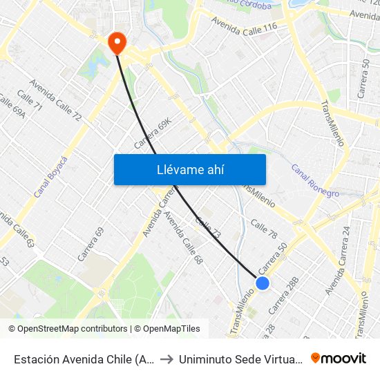 Estación Avenida Chile (Av. NQS - Cl 71c) to Uniminuto Sede Virtual Y A Distancia map
