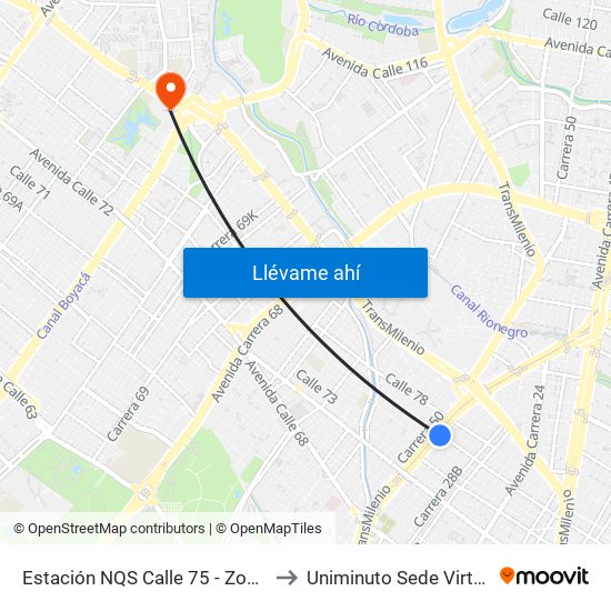 Estación NQS Calle 75 - Zona M (Av. NQS - Cl 75) to Uniminuto Sede Virtual Y A Distancia map