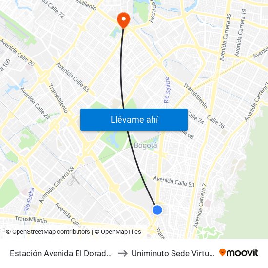 Estación Avenida El Dorado (Av. NQS - Cl 40a) to Uniminuto Sede Virtual Y A Distancia map