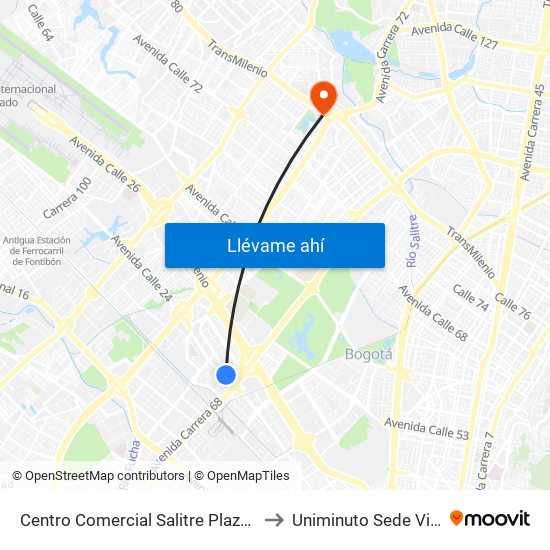 Centro Comercial Salitre Plaza (Av. La Esperanza - Kr 68a) to Uniminuto Sede Virtual Y A Distancia map