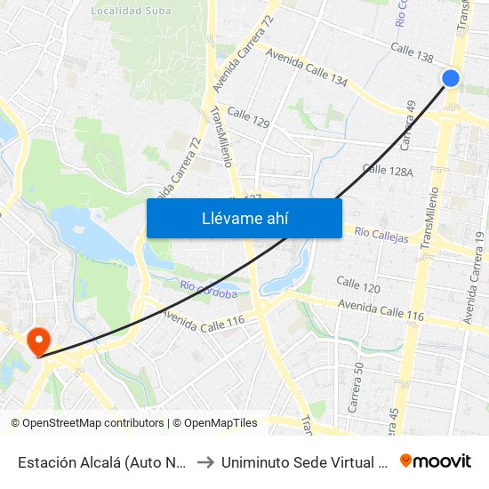 Estación Alcalá (Auto Norte - Cl 136) to Uniminuto Sede Virtual Y A Distancia map