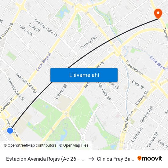 Estación Avenida Rojas (Ac 26 - Kr 69d Bis) (B) to Clinica Fray Bartolomé map