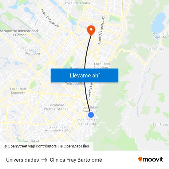Universidades to Clinica Fray Bartolomé map