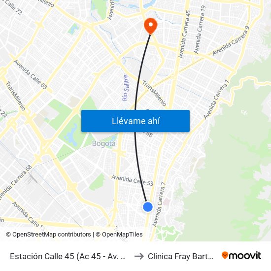 Estación Calle 45 (Ac 45 - Av. Caracas) to Clinica Fray Bartolomé map