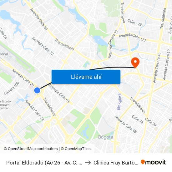 Portal Eldorado (Ac 26 - Av. C. De Cali) to Clinica Fray Bartolomé map