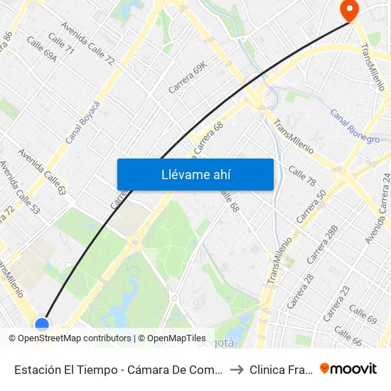 Estación El Tiempo - Cámara De Comercio De Bogotá (Ac 26 - Kr 68b Bis) to Clinica Fray Bartolomé map
