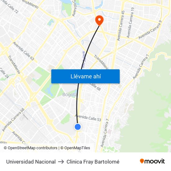 Universidad Nacional to Clinica Fray Bartolomé map