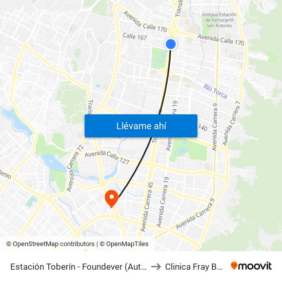 Estación Toberín - Foundever (Auto Norte - Cl 166) to Clinica Fray Bartolomé map
