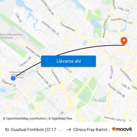 Br. Guadual Fontibón (Cl 17 - Kr 96h) to Clinica Fray Bartolomé map