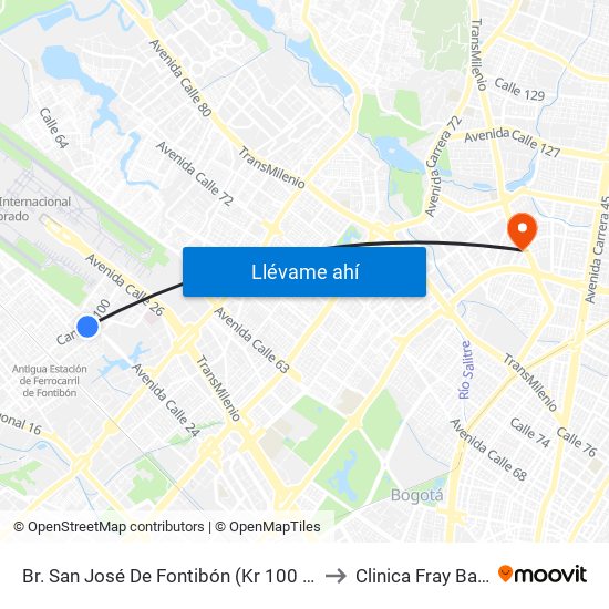 Br. San José De Fontibón (Kr 100 - Av. Esperanza) to Clinica Fray Bartolomé map