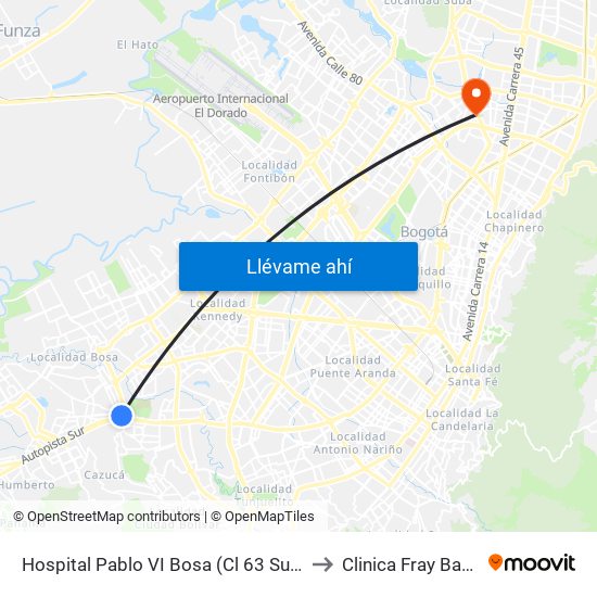 Hospital Pablo VI Bosa (Cl 63 Sur - Kr 77g) (A) to Clinica Fray Bartolomé map