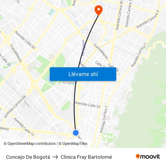 Concejo De Bogotá to Clinica Fray Bartolomé map