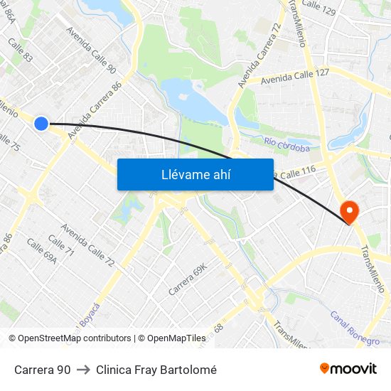 Carrera 90 to Clinica Fray Bartolomé map