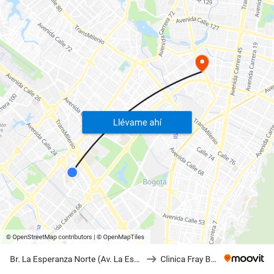 Br. La Esperanza Norte (Av. La Esperanza - Kr 69d) to Clinica Fray Bartolomé map