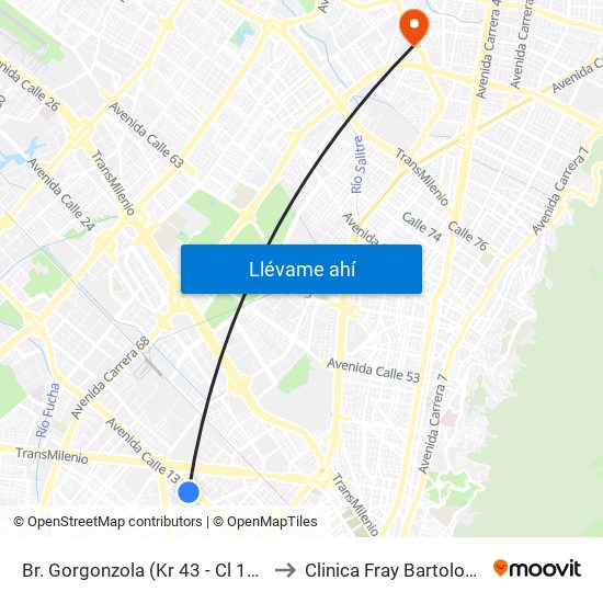 Br. Gorgonzola (Kr 43 - Cl 12b) to Clinica Fray Bartolomé map