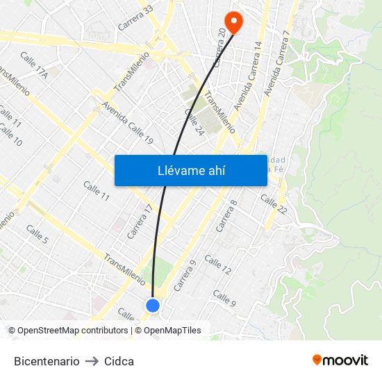 Bicentenario to Cidca map