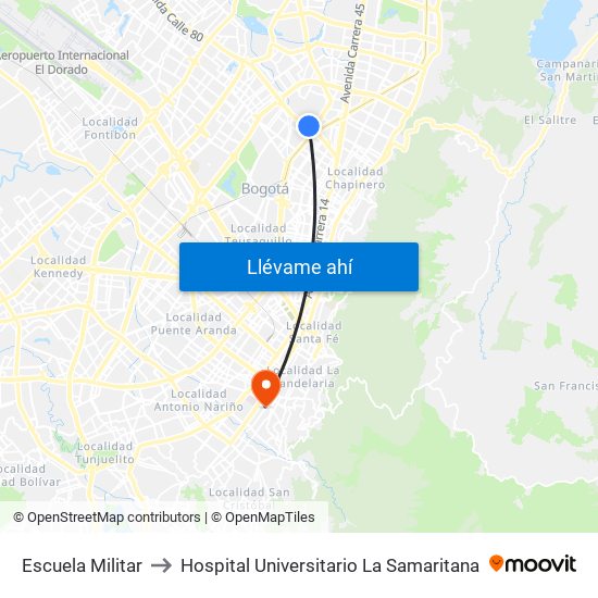 Escuela Militar to Hospital Universitario La Samaritana map