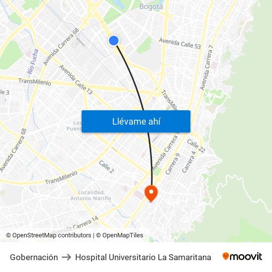 Gobernación to Hospital Universitario La Samaritana map