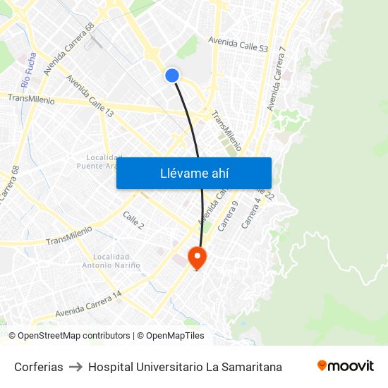 Corferias to Hospital Universitario La Samaritana map