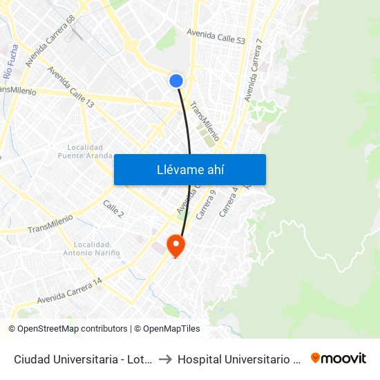 Ciudad Universitaria - Lotería De Bogotá to Hospital Universitario La Samaritana map