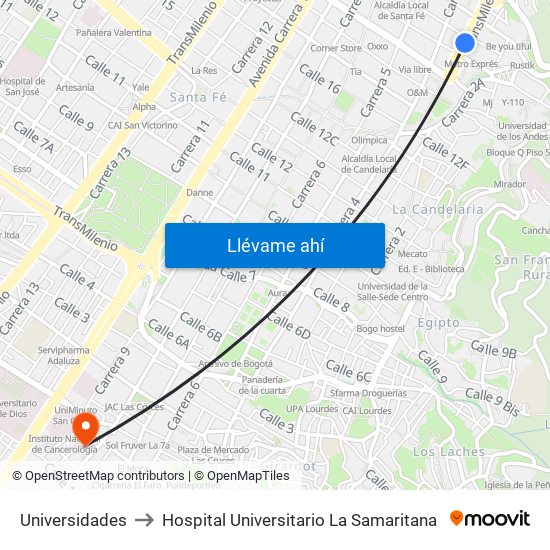 Universidades to Hospital Universitario La Samaritana map