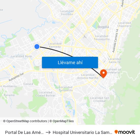 Portal De Las Américas to Hospital Universitario La Samaritana map