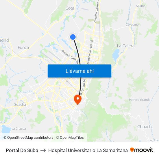 Portal De Suba to Hospital Universitario La Samaritana map