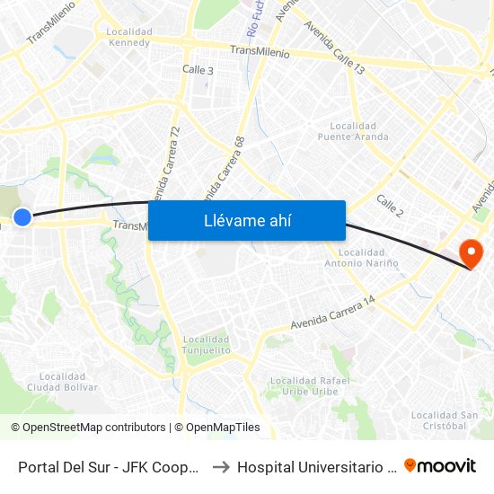 Portal Del Sur - JFK Cooperativa Financiera to Hospital Universitario La Samaritana map