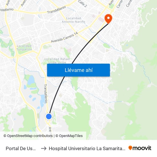 Portal De Usme to Hospital Universitario La Samaritana map