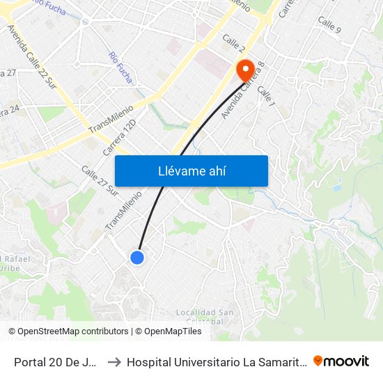 Portal 20 De Julio to Hospital Universitario La Samaritana map