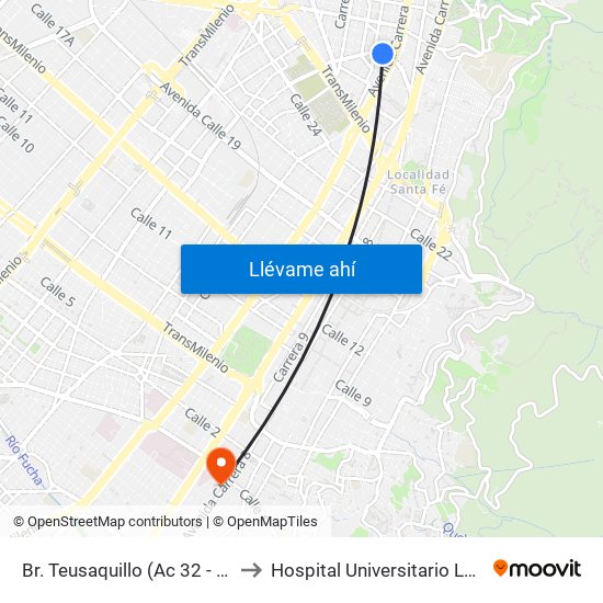 Br. Teusaquillo (Ac 32 - Av. Caracas) to Hospital Universitario La Samaritana map