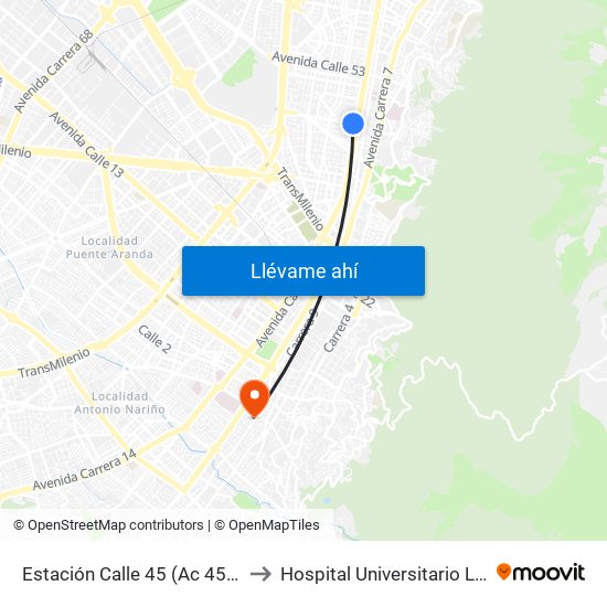 Estación Calle 45 (Ac 45 - Av. Caracas) to Hospital Universitario La Samaritana map