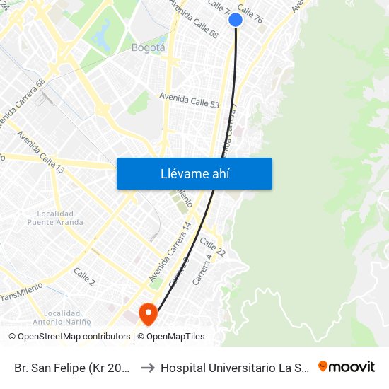 Br. San Felipe (Kr 20a - Cl 74) to Hospital Universitario La Samaritana map