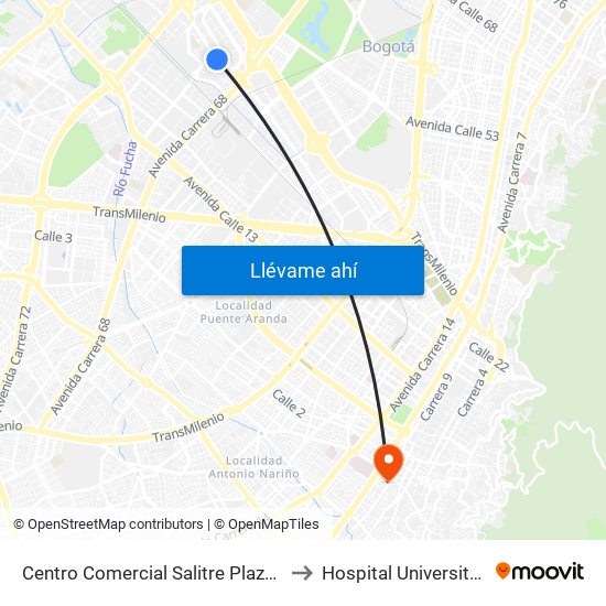 Centro Comercial Salitre Plaza (Av. La Esperanza - Kr 68b) to Hospital Universitario La Samaritana map