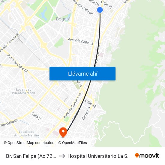 Br. San Felipe (Ac 72 - Kr 17) to Hospital Universitario La Samaritana map