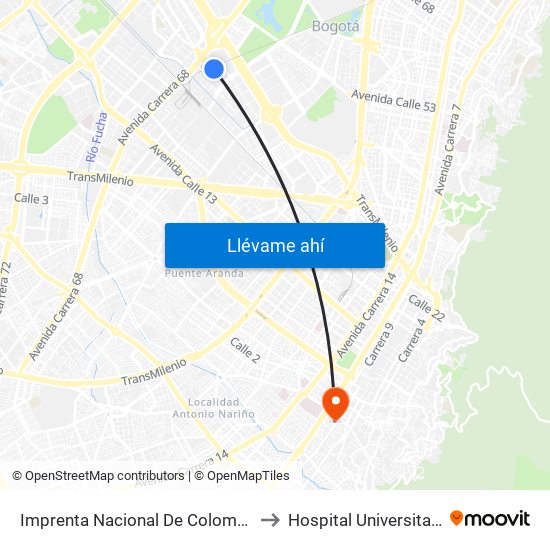 Imprenta Nacional De Colombia (Av. Esperanza - Kr 66) to Hospital Universitario La Samaritana map