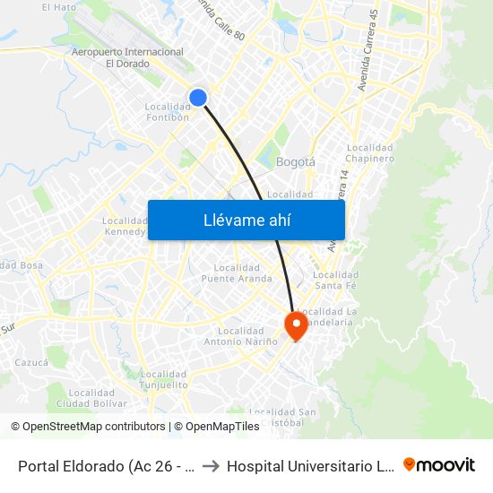 Portal Eldorado (Ac 26 - Av. C. De Cali) to Hospital Universitario La Samaritana map