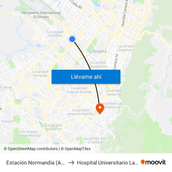 Estación Normandía (Ac 26 - Kr 74) to Hospital Universitario La Samaritana map