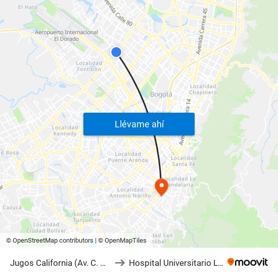 Jugos California (Av. C. De Cali - Ac 63) to Hospital Universitario La Samaritana map