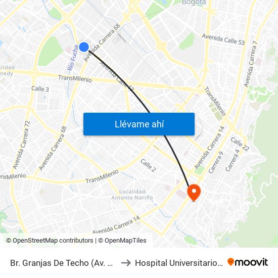 Br. Granjas De Techo (Av. Centenario - Kr 65) to Hospital Universitario La Samaritana map