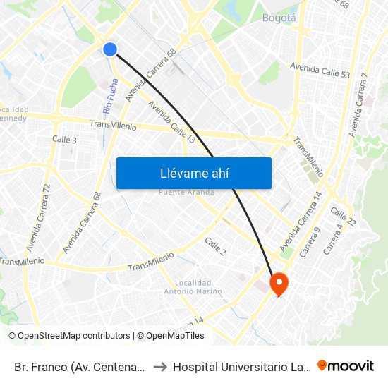 Br. Franco (Av. Centenario - Kr 69b) to Hospital Universitario La Samaritana map