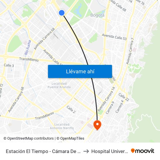 Estación El Tiempo - Cámara De Comercio De Bogotá (Ac 26 - Kr 68b Bis) to Hospital Universitario La Samaritana map