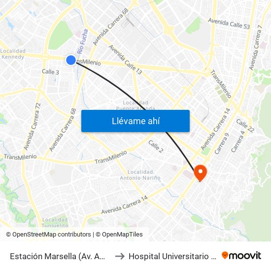 Estación Marsella (Av. Américas - Kr 69b) to Hospital Universitario La Samaritana map