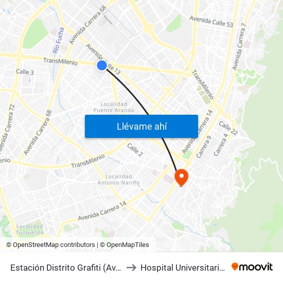 Estación Distrito Grafiti (Av. Américas - Kr 53a) to Hospital Universitario La Samaritana map