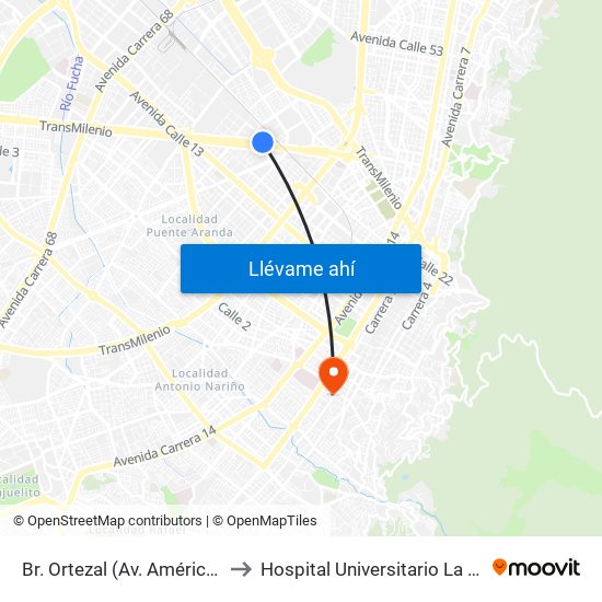 Br. Ortezal (Av. Américas - Tv 39) to Hospital Universitario La Samaritana map