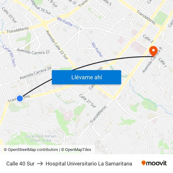 Calle 40 Sur to Hospital Universitario La Samaritana map